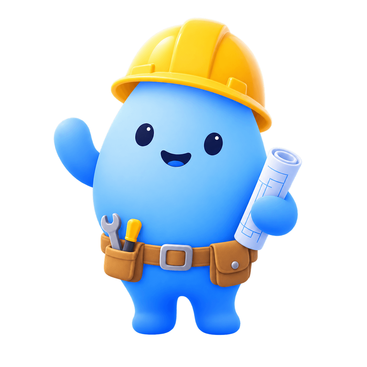 blu con casco de construcción, cinturón de herramientas y un plano