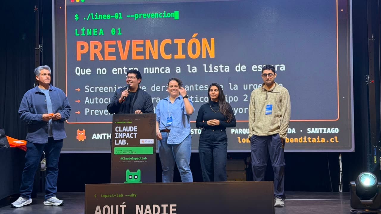 Equipo blu en el escenario del Claude Impact Lab, línea Prevención